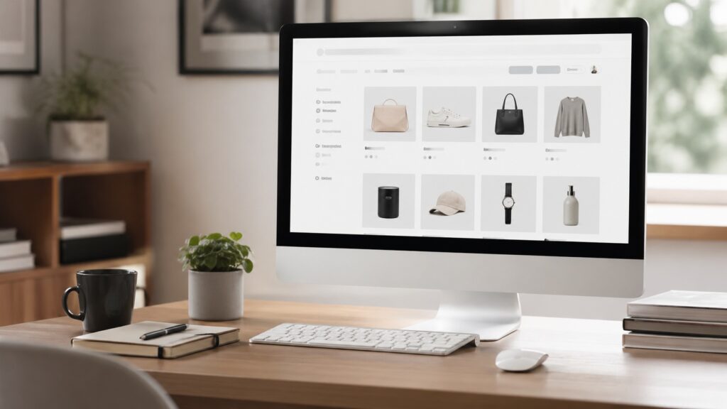 Laptop z widokiem sklepu internetowego na ekranie podczas zakupów online
