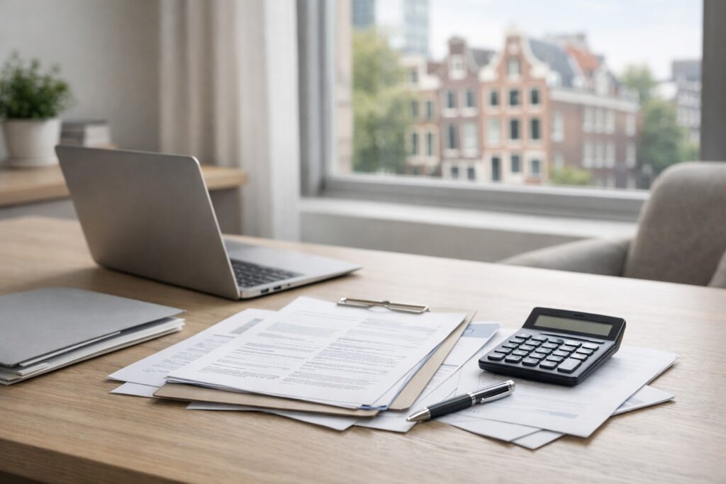 Emerytura w Holandii – dokumenty, laptop i kalkulator na biurku w jasnym wnętrzu