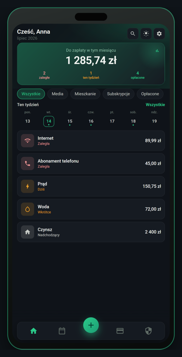 Smart Bill Reminder — lista rachunków i terminy na Androidzie